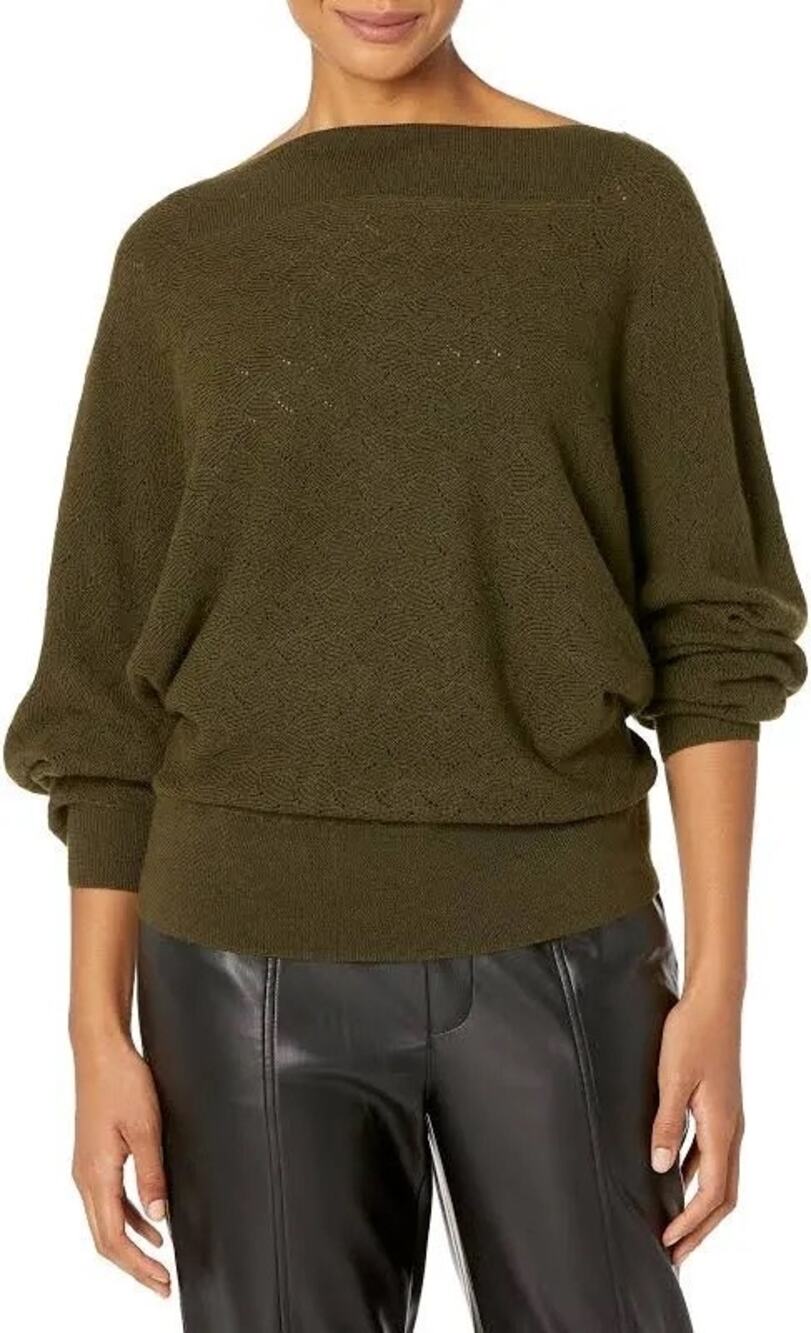 Trina Turk Halima Blouson Long Sleeve Open Knit Cypress Green Wool Sweater L NWT